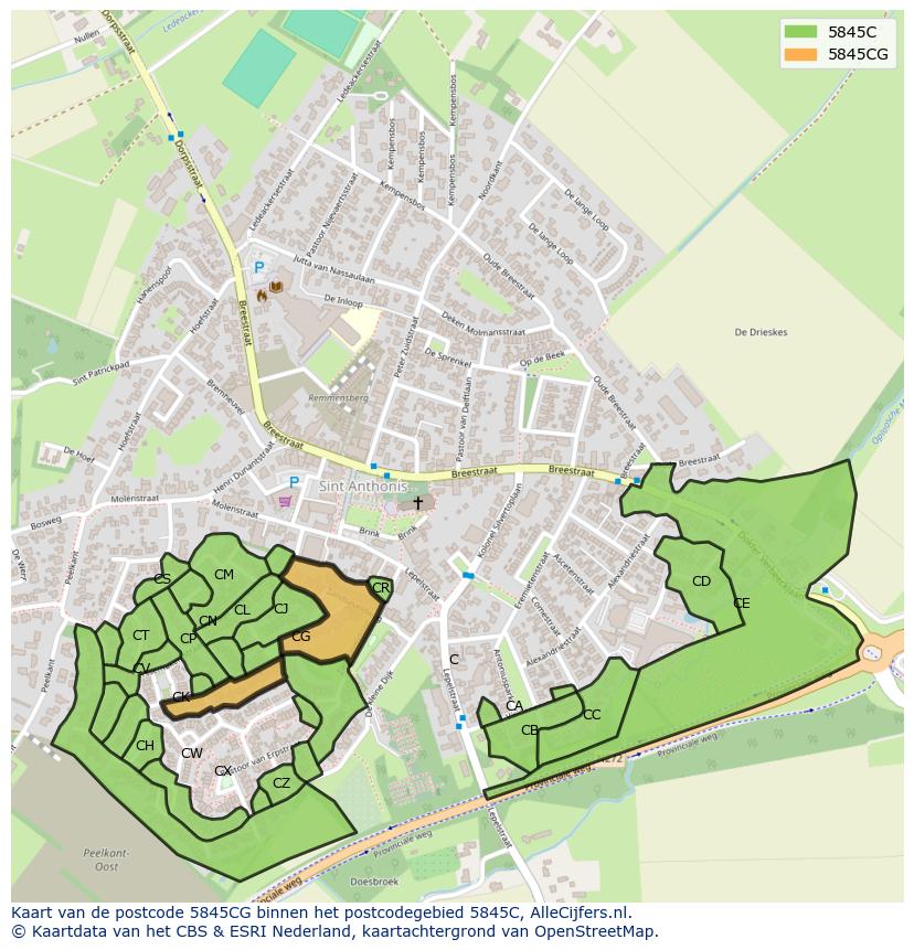 Afbeelding van het postcodegebied 5845 CG op de kaart.