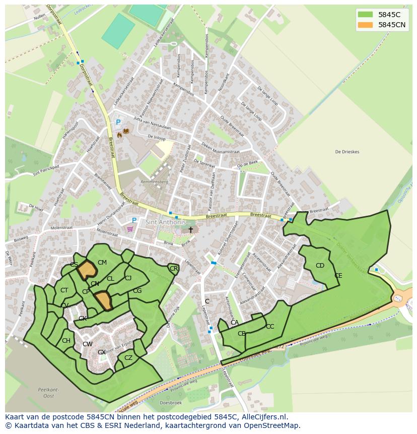 Afbeelding van het postcodegebied 5845 CN op de kaart.