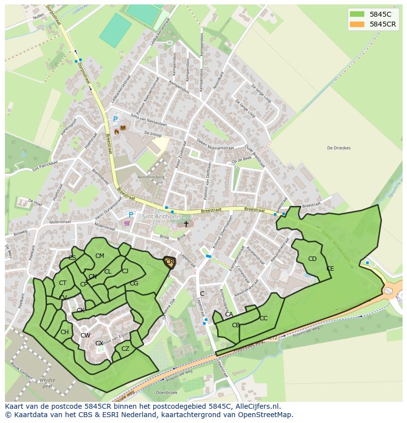 Afbeelding van het postcodegebied 5845 CR op de kaart.