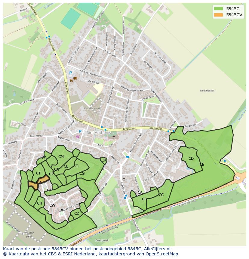 Afbeelding van het postcodegebied 5845 CV op de kaart.
