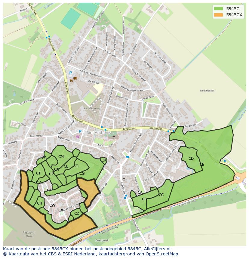 Afbeelding van het postcodegebied 5845 CX op de kaart.