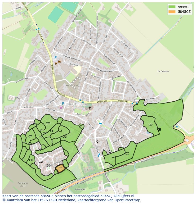 Afbeelding van het postcodegebied 5845 CZ op de kaart.
