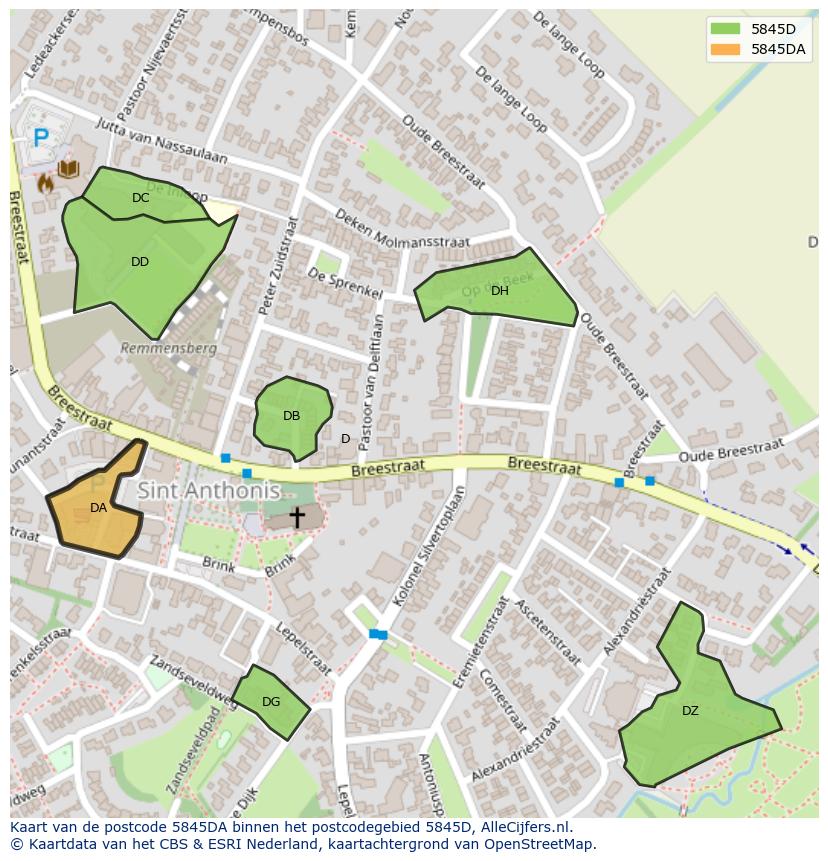 Afbeelding van het postcodegebied 5845 DA op de kaart.