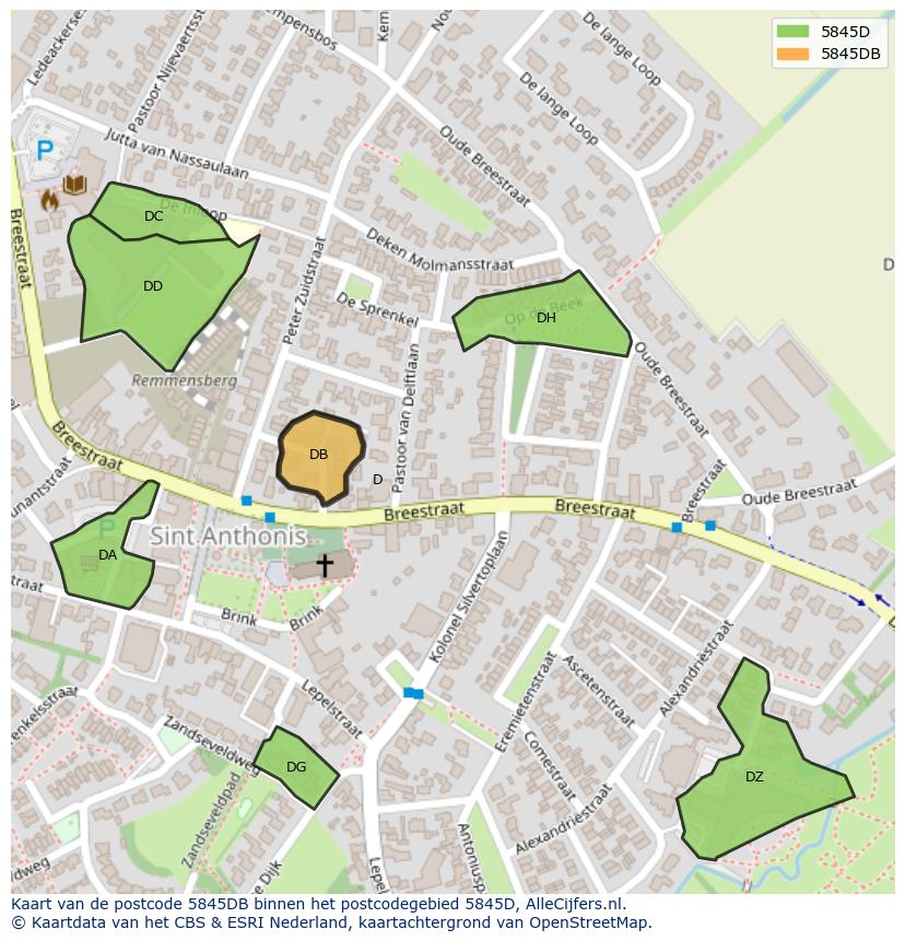Afbeelding van het postcodegebied 5845 DB op de kaart.
