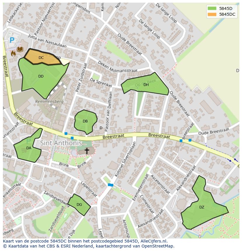 Afbeelding van het postcodegebied 5845 DC op de kaart.