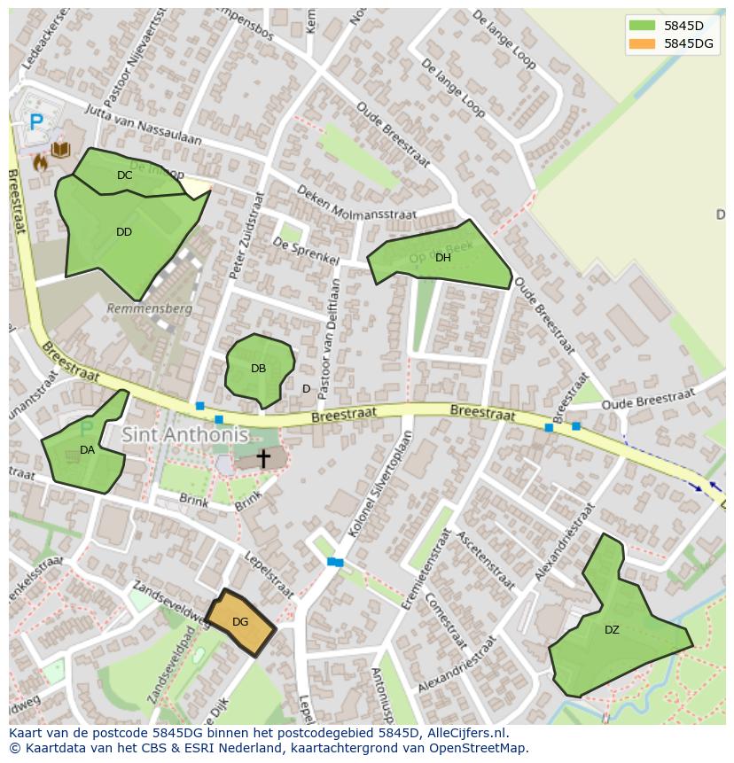 Afbeelding van het postcodegebied 5845 DG op de kaart.