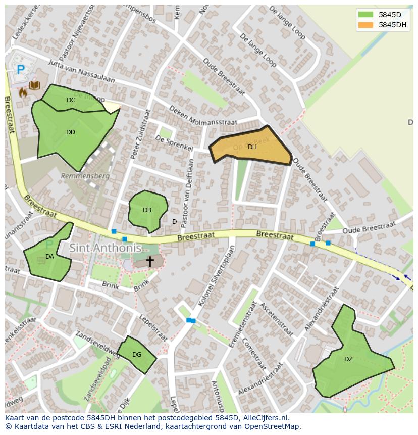 Afbeelding van het postcodegebied 5845 DH op de kaart.