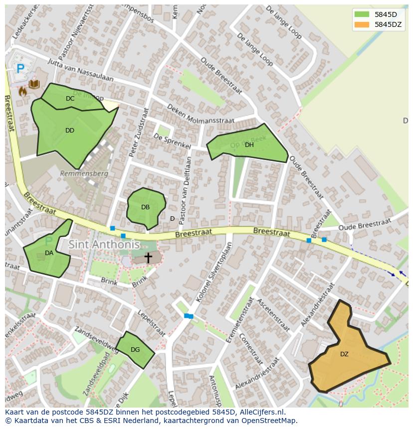 Afbeelding van het postcodegebied 5845 DZ op de kaart.