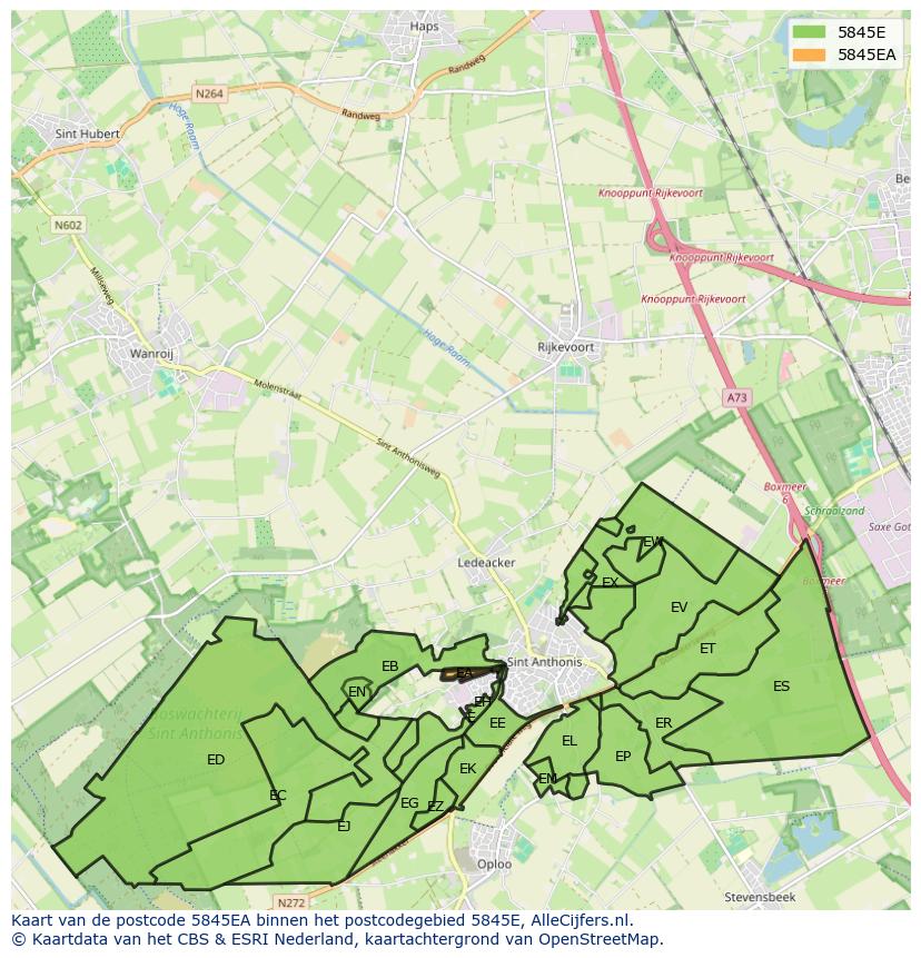 Afbeelding van het postcodegebied 5845 EA op de kaart.