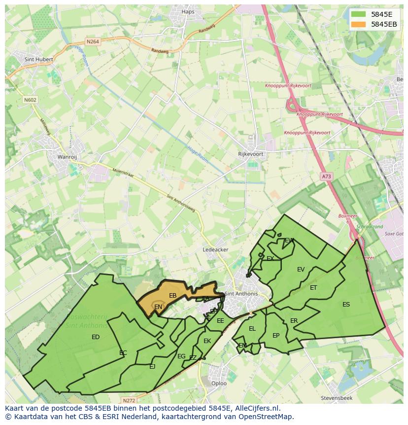 Afbeelding van het postcodegebied 5845 EB op de kaart.