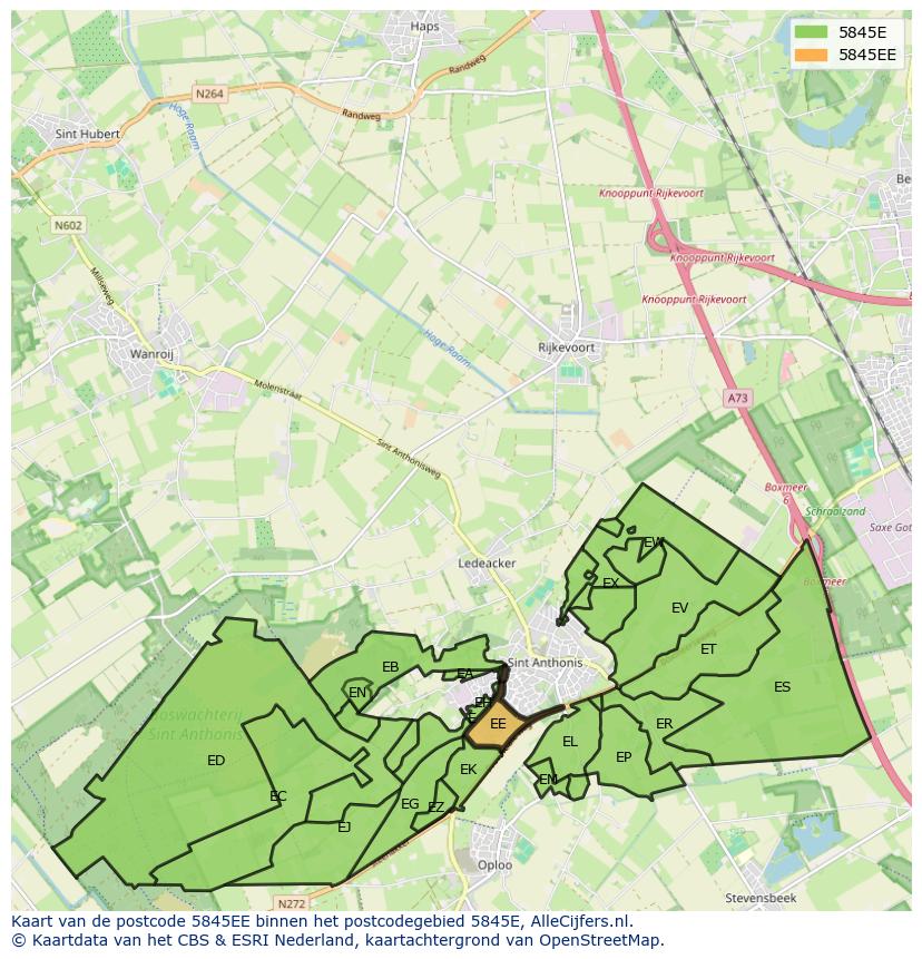 Afbeelding van het postcodegebied 5845 EE op de kaart.