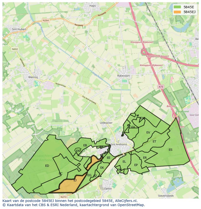 Afbeelding van het postcodegebied 5845 EJ op de kaart.