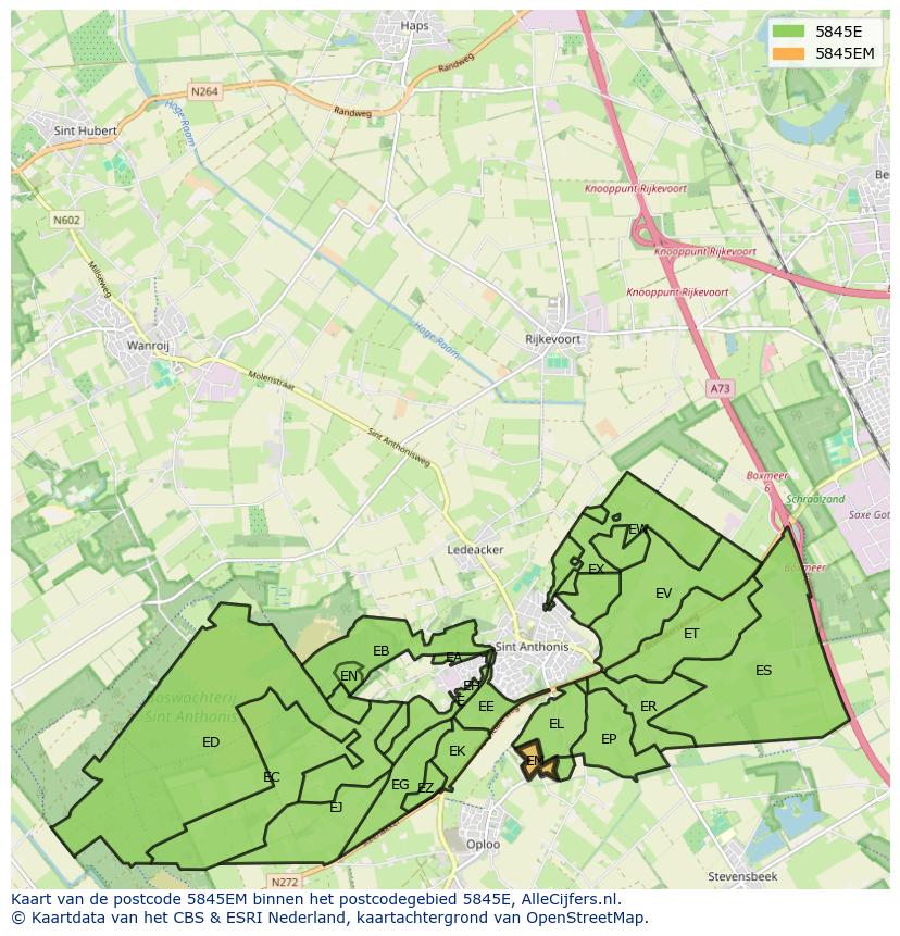 Afbeelding van het postcodegebied 5845 EM op de kaart.