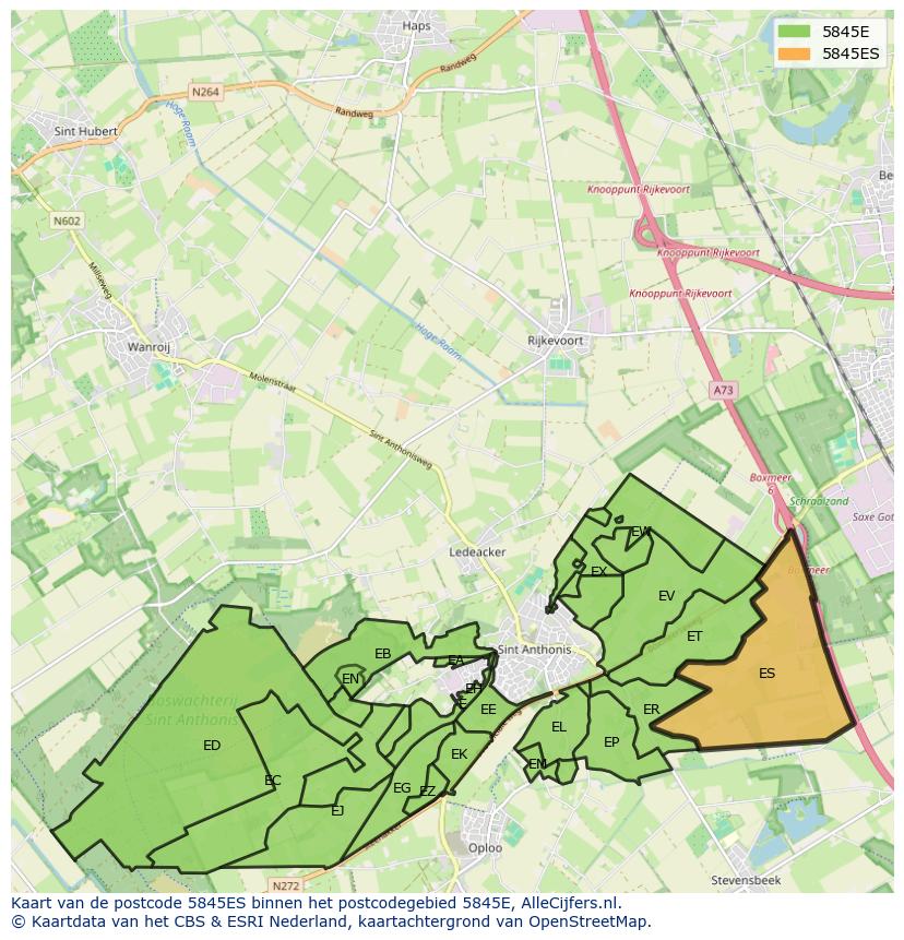 Afbeelding van het postcodegebied 5845 ES op de kaart.