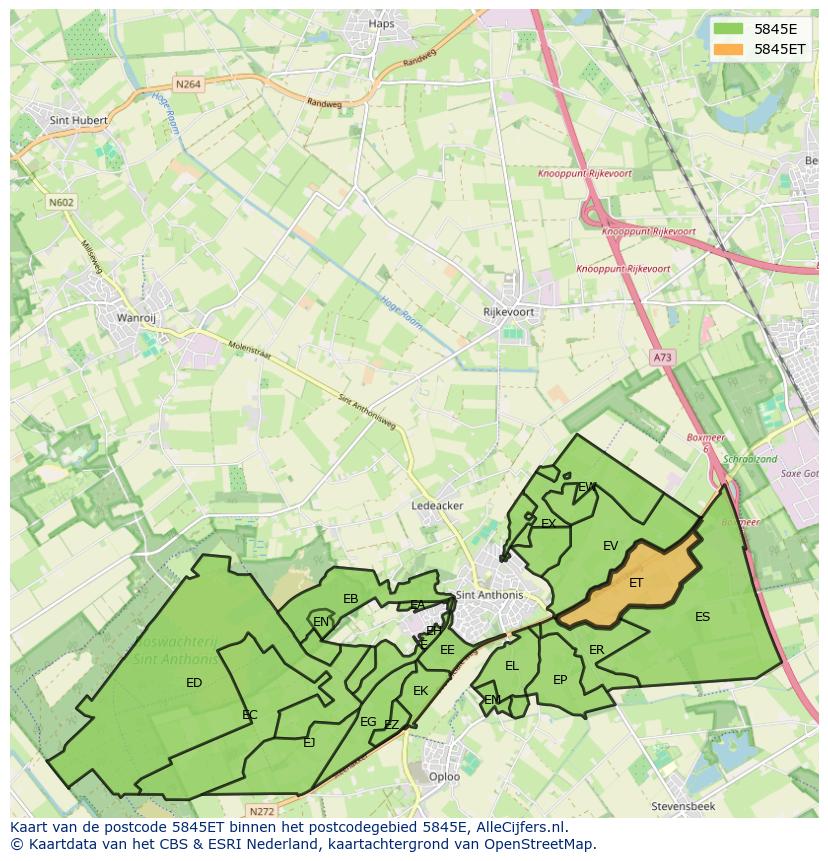 Afbeelding van het postcodegebied 5845 ET op de kaart.