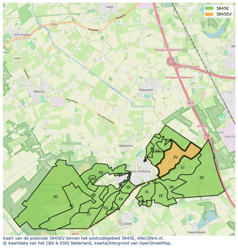 Afbeelding van het postcodegebied 5845 EV op de kaart.