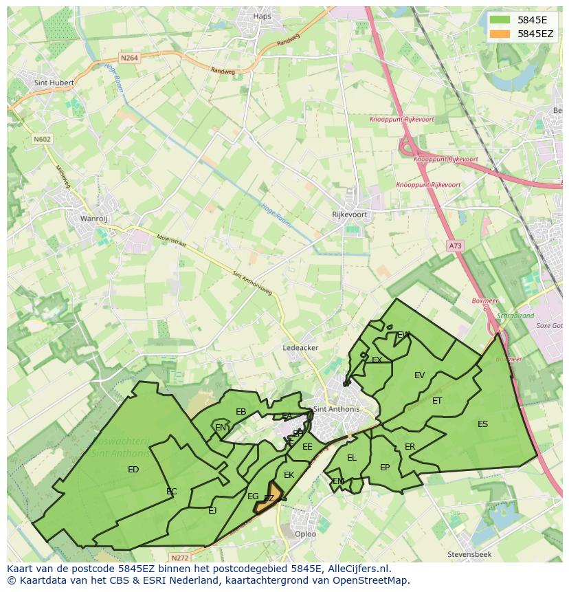 Afbeelding van het postcodegebied 5845 EZ op de kaart.