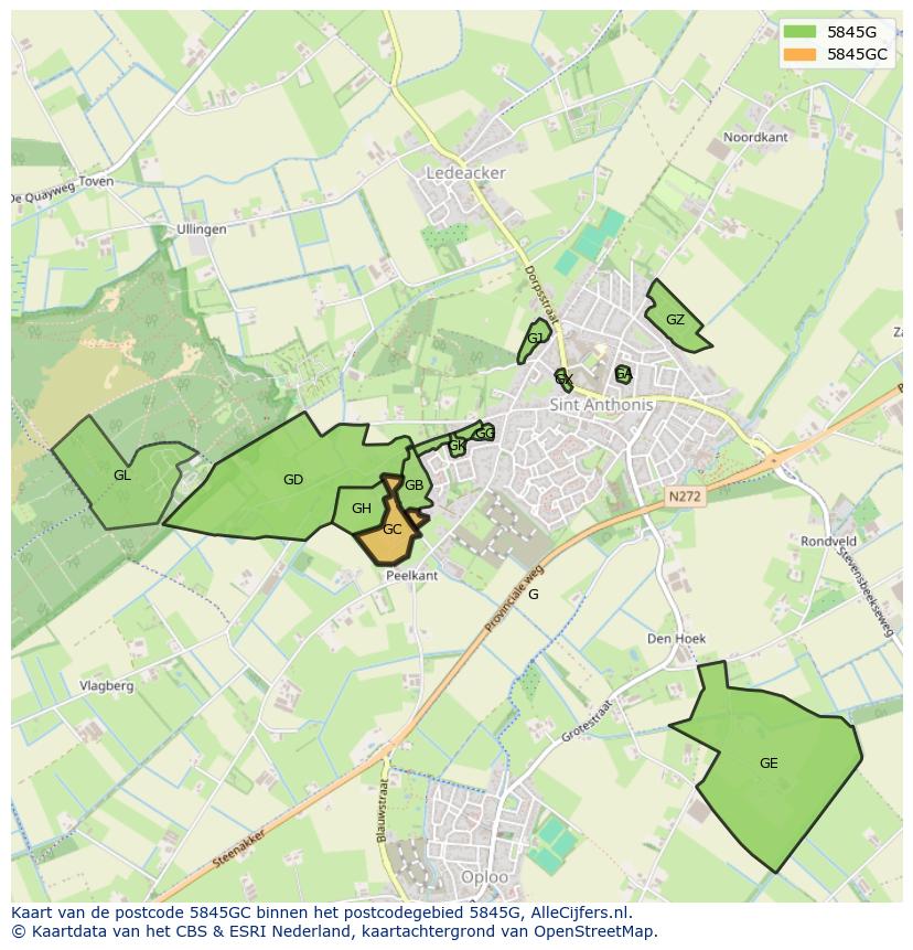 Afbeelding van het postcodegebied 5845 GC op de kaart.