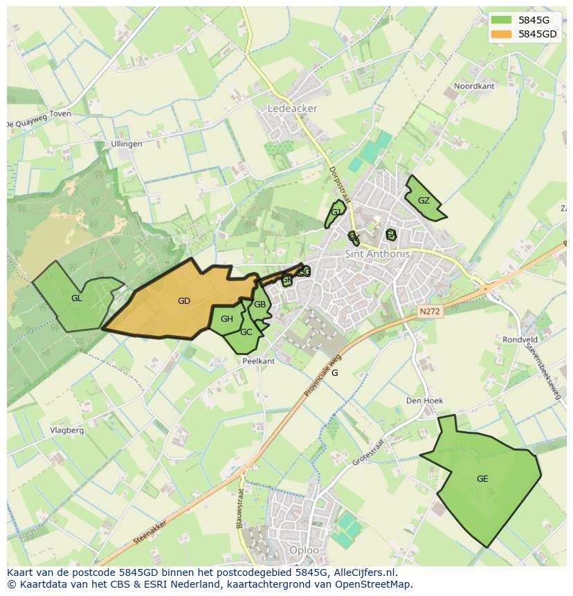 Afbeelding van het postcodegebied 5845 GD op de kaart.