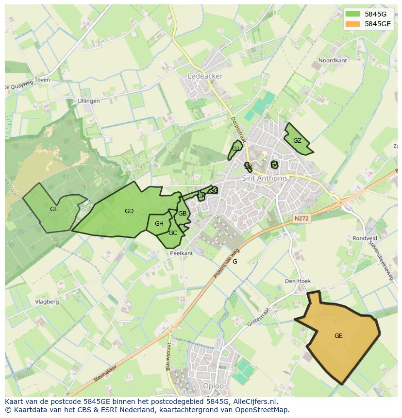 Afbeelding van het postcodegebied 5845 GE op de kaart.