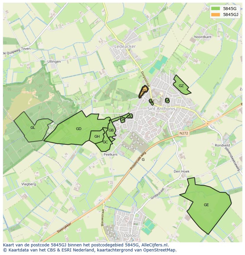 Afbeelding van het postcodegebied 5845 GJ op de kaart.