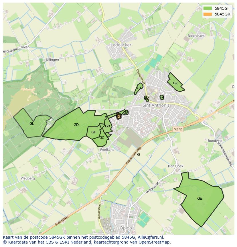 Afbeelding van het postcodegebied 5845 GK op de kaart.