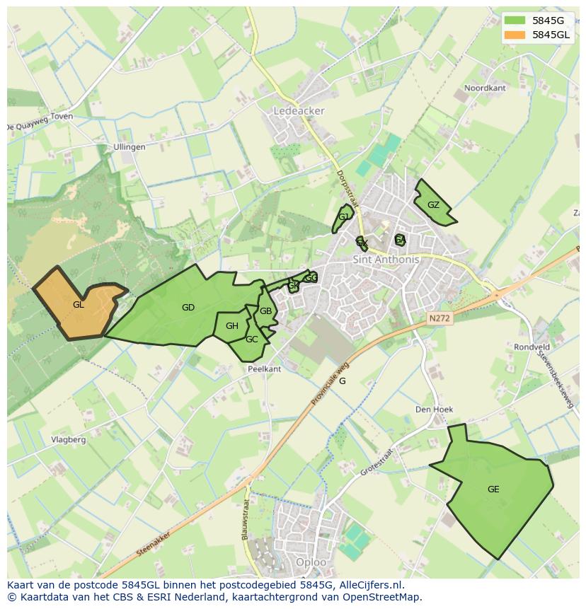Afbeelding van het postcodegebied 5845 GL op de kaart.