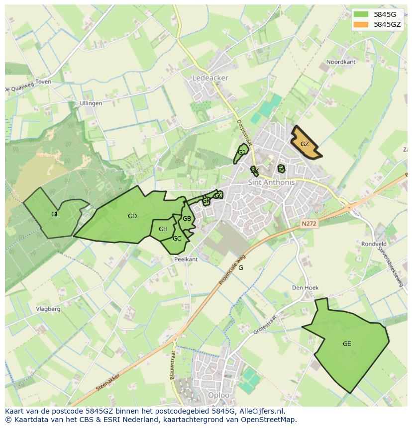 Afbeelding van het postcodegebied 5845 GZ op de kaart.