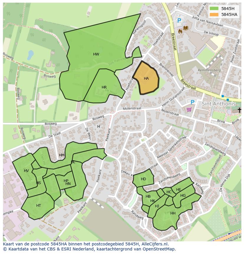 Afbeelding van het postcodegebied 5845 HA op de kaart.