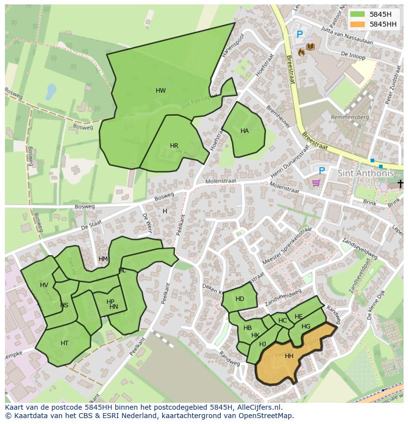 Afbeelding van het postcodegebied 5845 HH op de kaart.