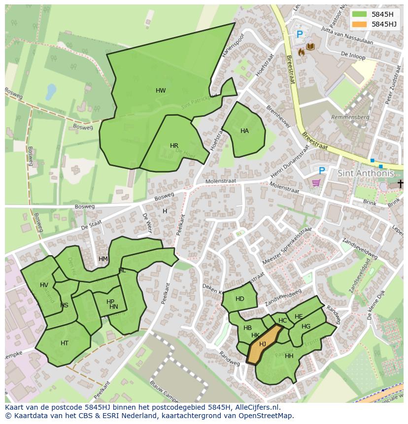 Afbeelding van het postcodegebied 5845 HJ op de kaart.