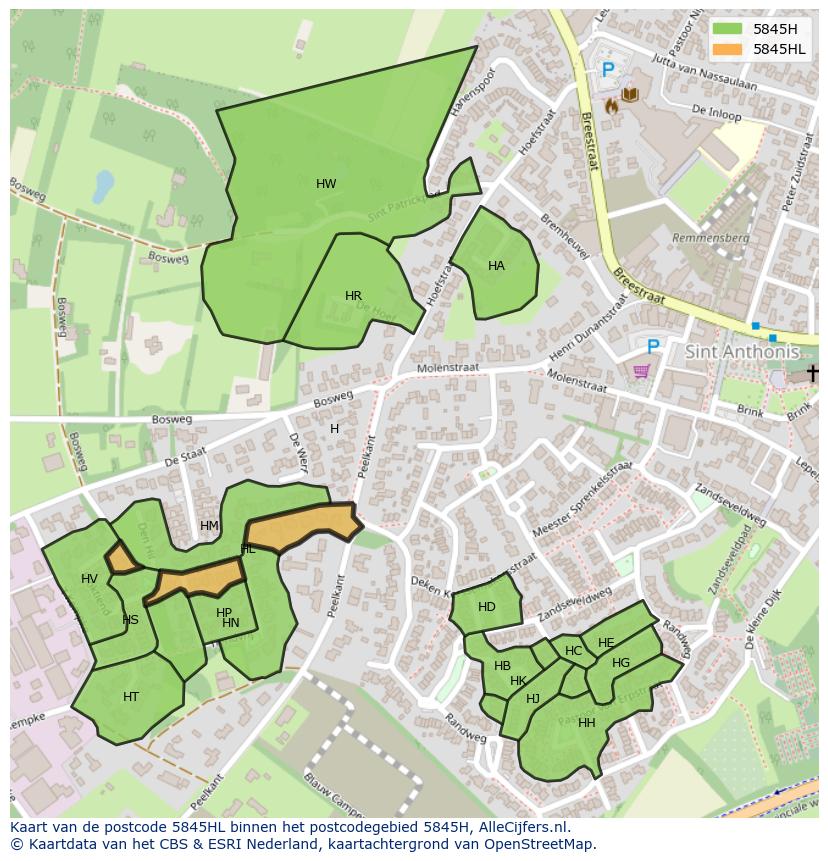 Afbeelding van het postcodegebied 5845 HL op de kaart.