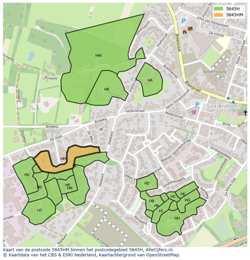 Afbeelding van het postcodegebied 5845 HM op de kaart.