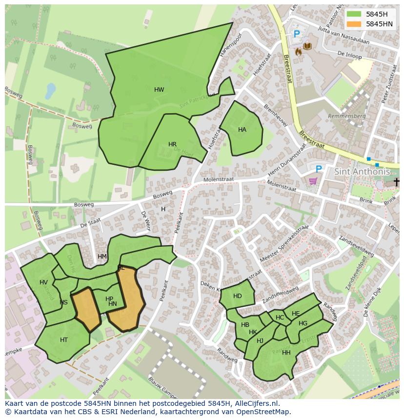 Afbeelding van het postcodegebied 5845 HN op de kaart.