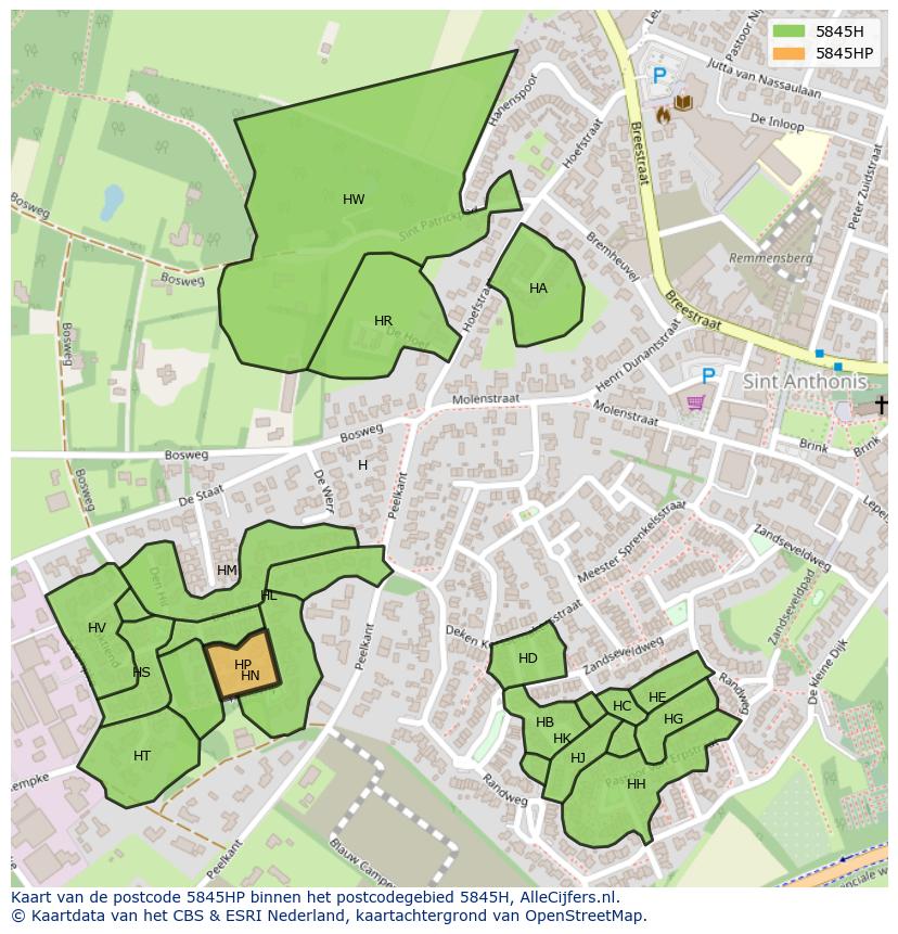 Afbeelding van het postcodegebied 5845 HP op de kaart.