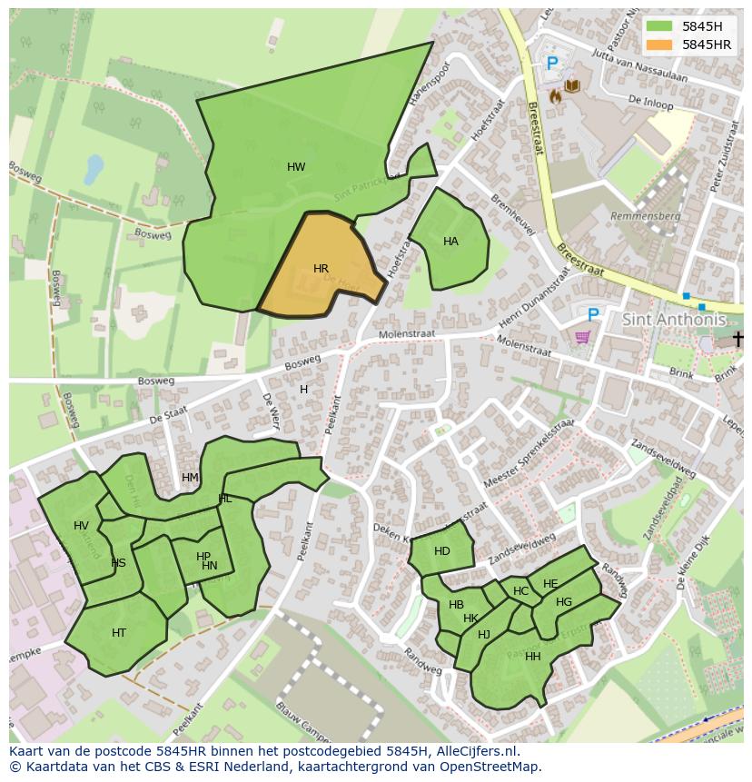 Afbeelding van het postcodegebied 5845 HR op de kaart.