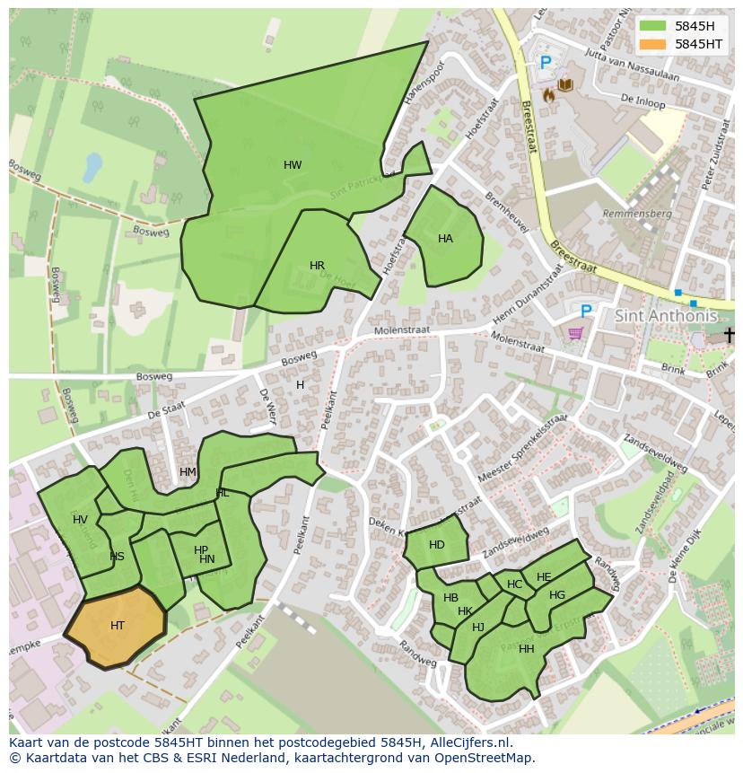 Afbeelding van het postcodegebied 5845 HT op de kaart.