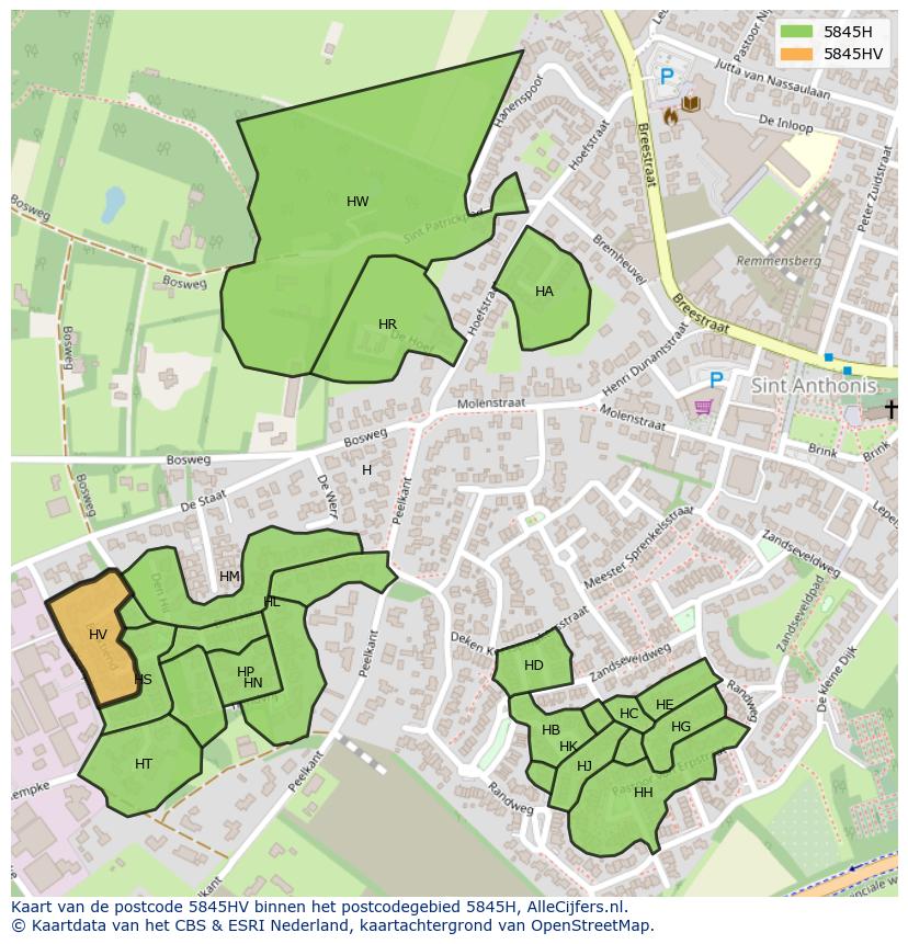 Afbeelding van het postcodegebied 5845 HV op de kaart.