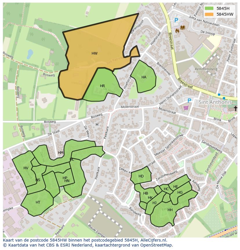 Afbeelding van het postcodegebied 5845 HW op de kaart.