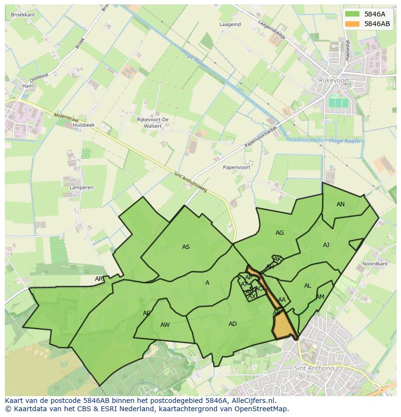 Afbeelding van het postcodegebied 5846 AB op de kaart.