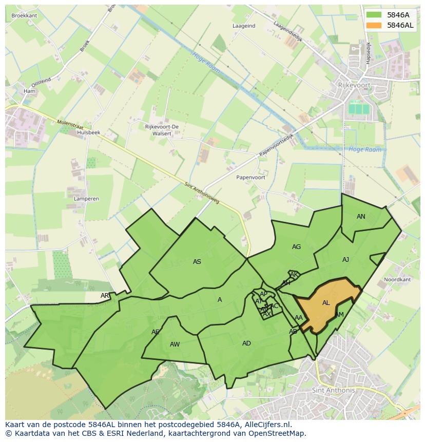 Afbeelding van het postcodegebied 5846 AL op de kaart.