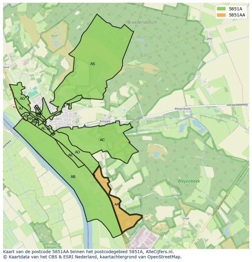 Afbeelding van het postcodegebied 5851 AA op de kaart.