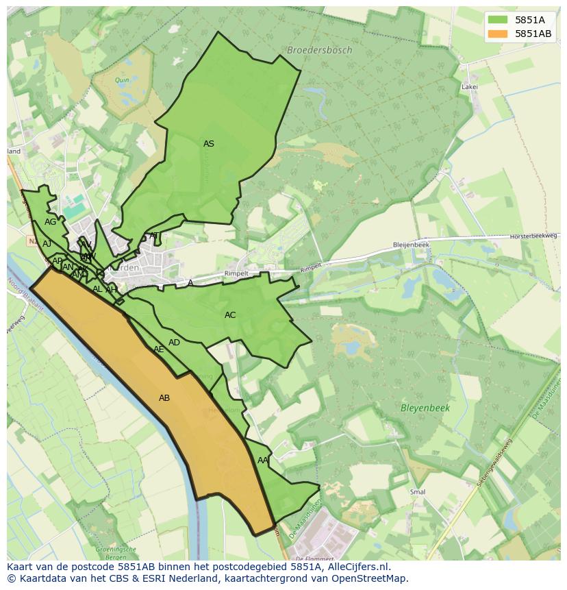 Afbeelding van het postcodegebied 5851 AB op de kaart.