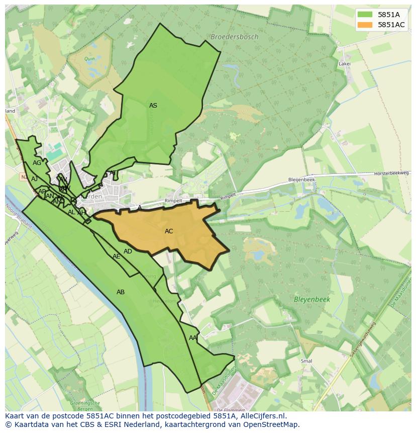 Afbeelding van het postcodegebied 5851 AC op de kaart.