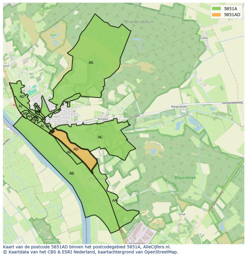 Afbeelding van het postcodegebied 5851 AD op de kaart.