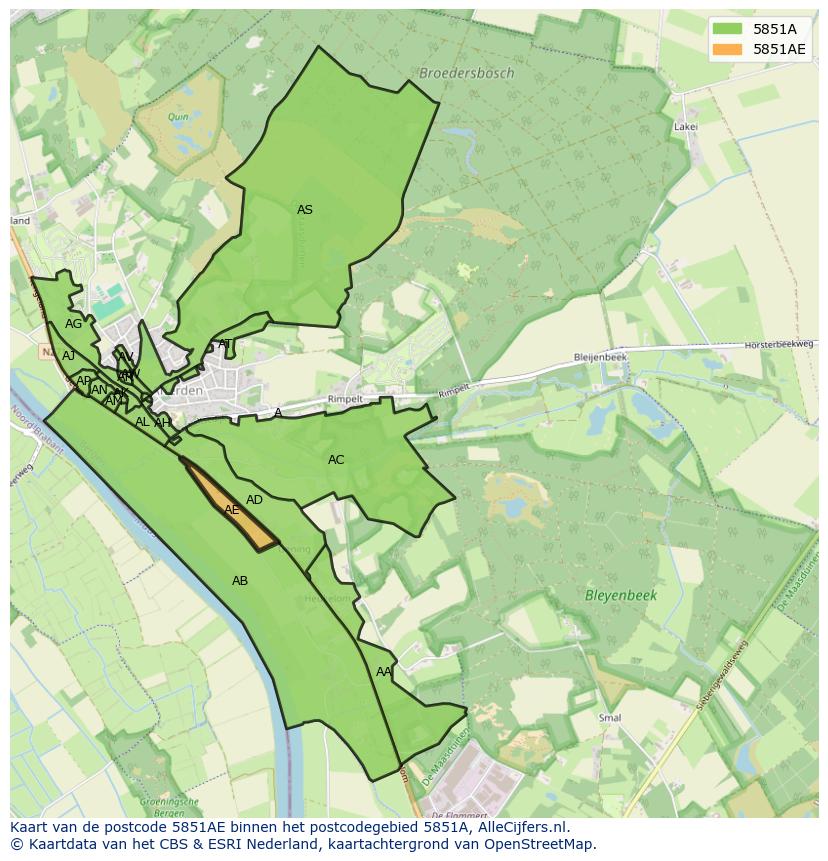 Afbeelding van het postcodegebied 5851 AE op de kaart.