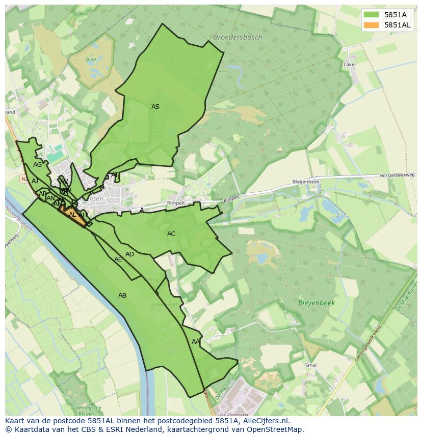 Afbeelding van het postcodegebied 5851 AL op de kaart.