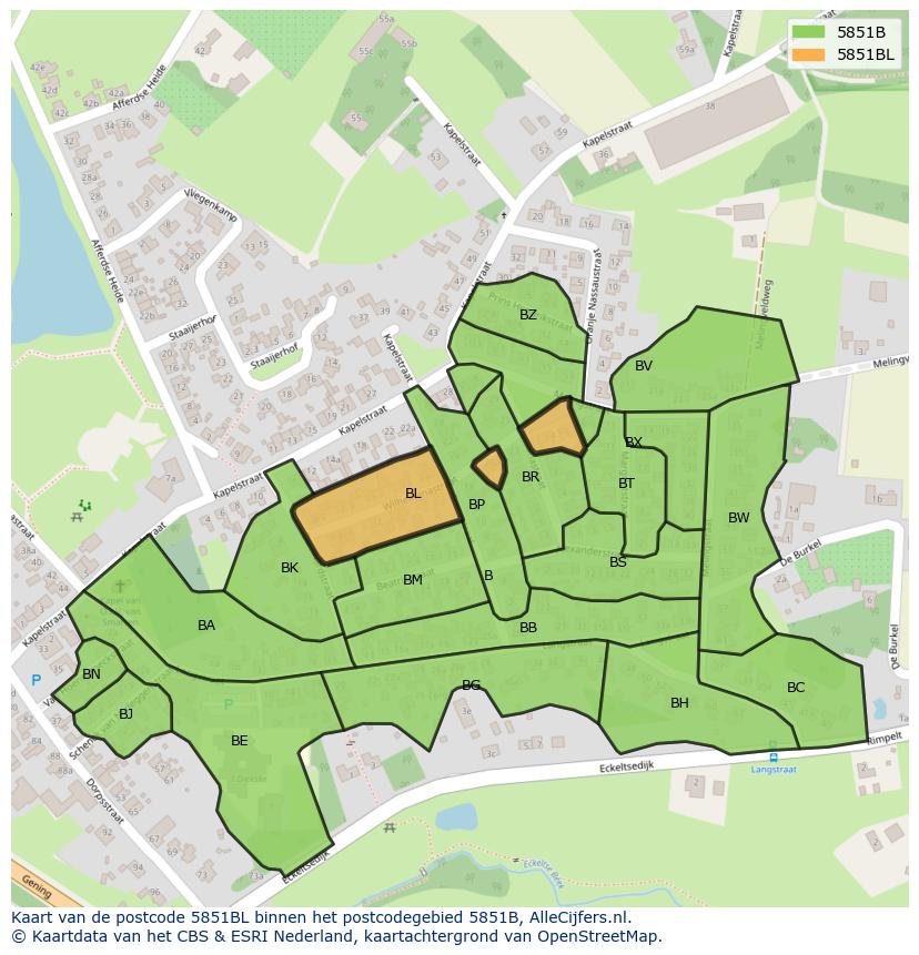 Afbeelding van het postcodegebied 5851 BL op de kaart.