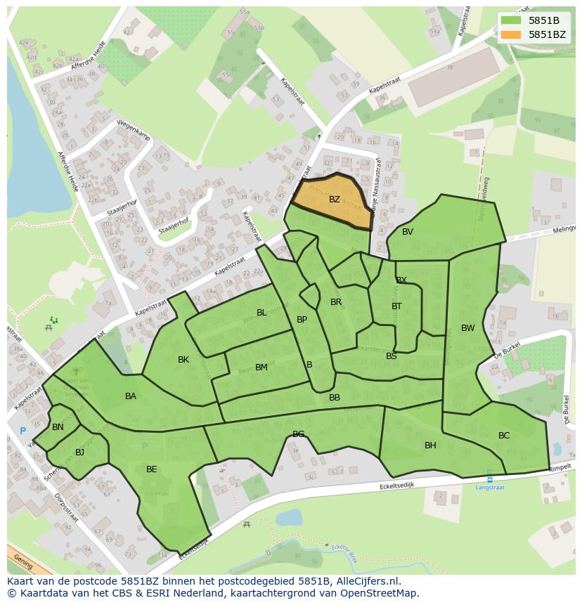 Afbeelding van het postcodegebied 5851 BZ op de kaart.