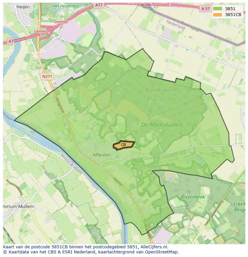 Afbeelding van het postcodegebied 5851 CB op de kaart.